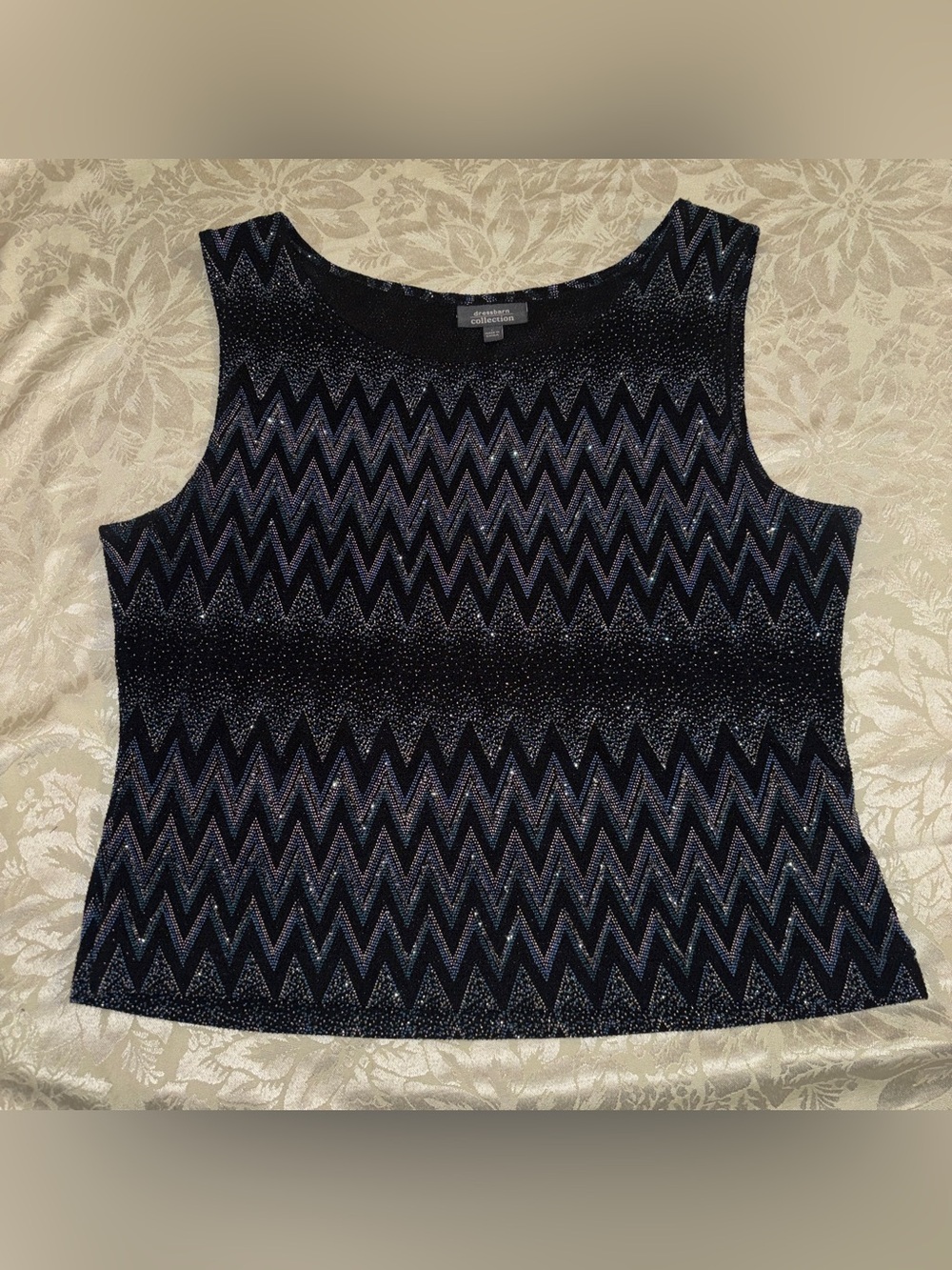 Y2K dressbarn Collection Sleeveless Blouse Black Chevron Metallic Sparkle Large